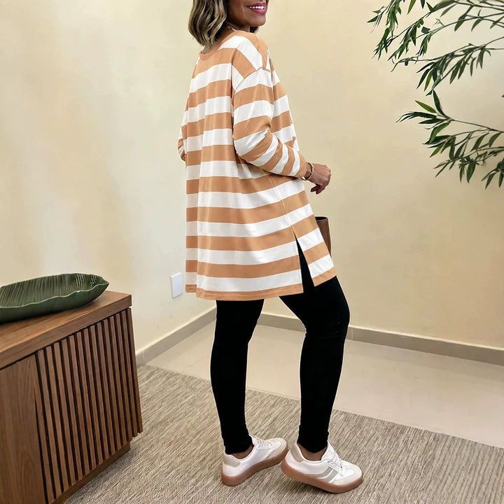 Damen Oversized Streifen-Longsleeve mit Rundhalsausschnitt und abgerundetem Saum Drune