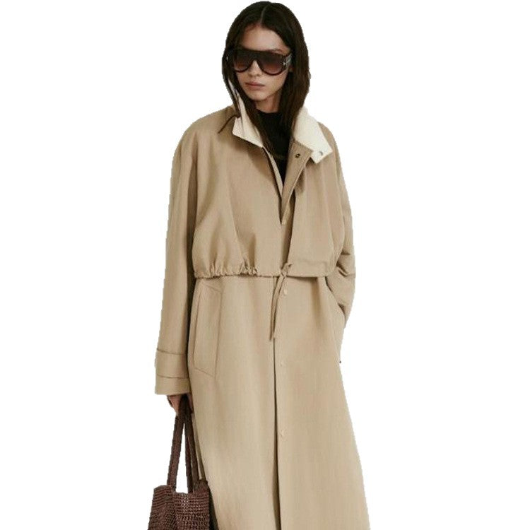 Damen Taillierter Mantel im Trenchcoat‑Stil mit Kordelzug‑Taille und Kontrastkragen Drune