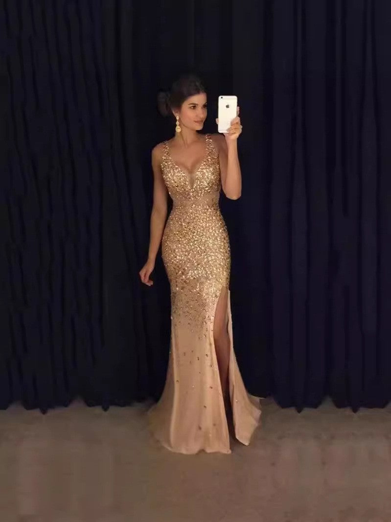 Damen Glitzerndes Abendkleid mit tiefem Schlitz und figurbetontem Schnitt Drune