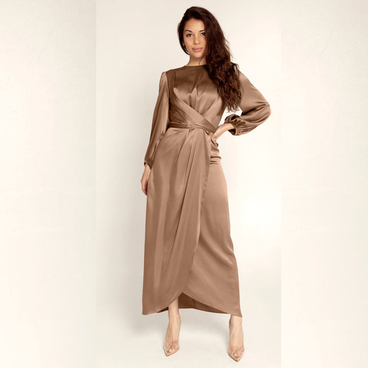 Damen Elegantes Maxikleid aus Satin mit Wickel-Detail, Langarm und Taillenband Drune