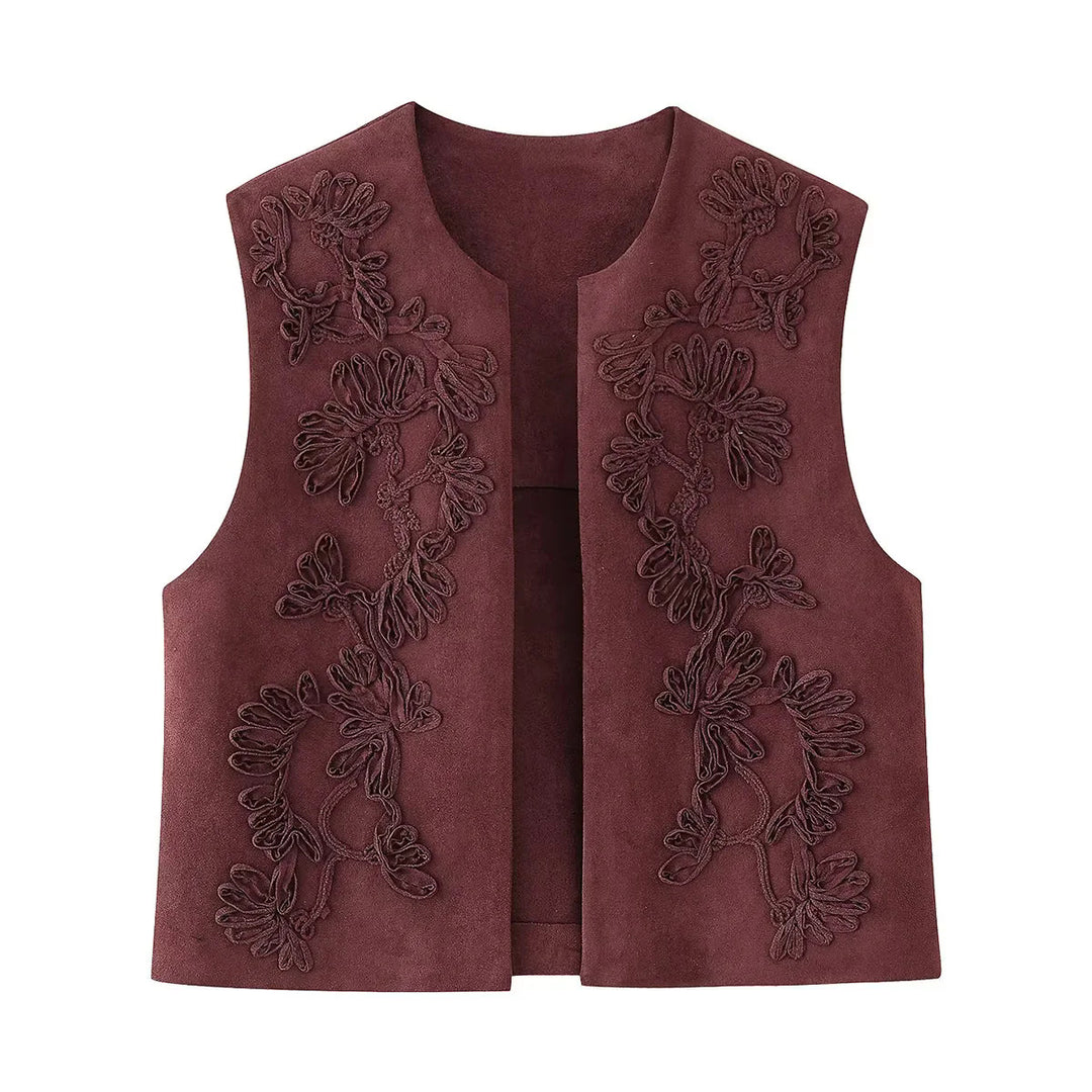 Damen nan bestickte Wildlederweste mit offenem Schnitt, floraler Applikation und taillierter Silhouette Drune