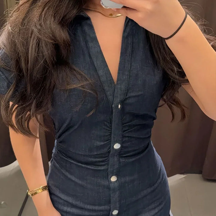 Damen Knielanges Denim Kleid mit elegantem Knopfdesign Drune