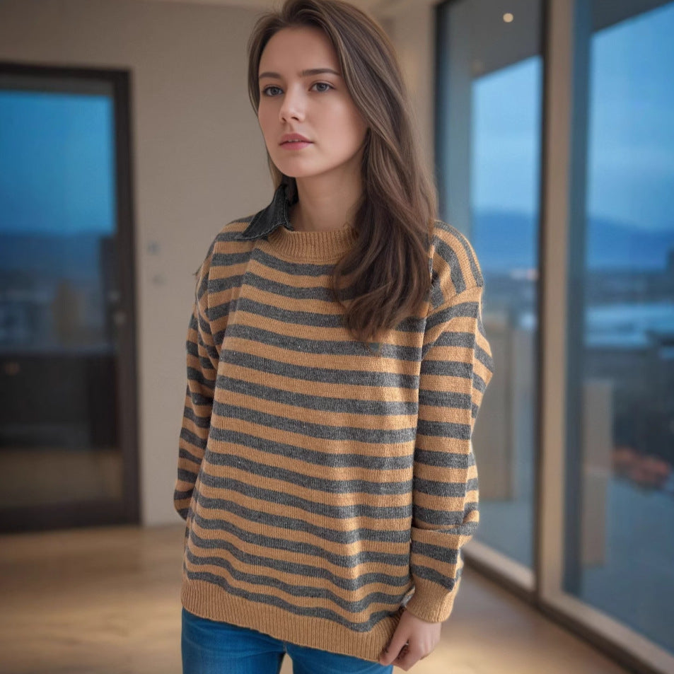 Damen Oversized Pullover mit modischem Streifenmuster und lässiger Passform Drune