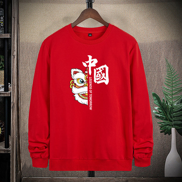 Herren Sweatshirt mit traditionellem Löwentanz‑Motiv und Rundhalsausschnitt Drune