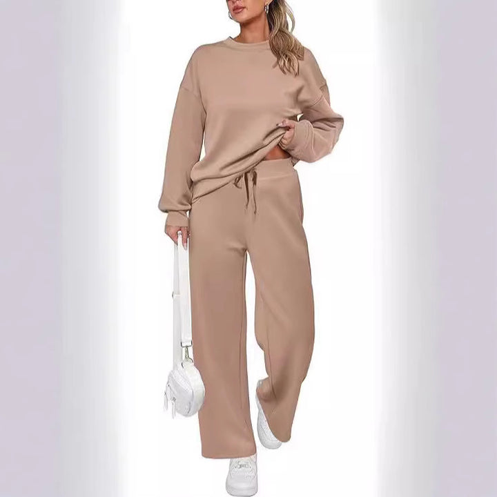 Damen nan zweiteiliges French-Terry Lounge-Set mit oversized Rundhals-Pullover und weitem Highwaist-Jogger Drune