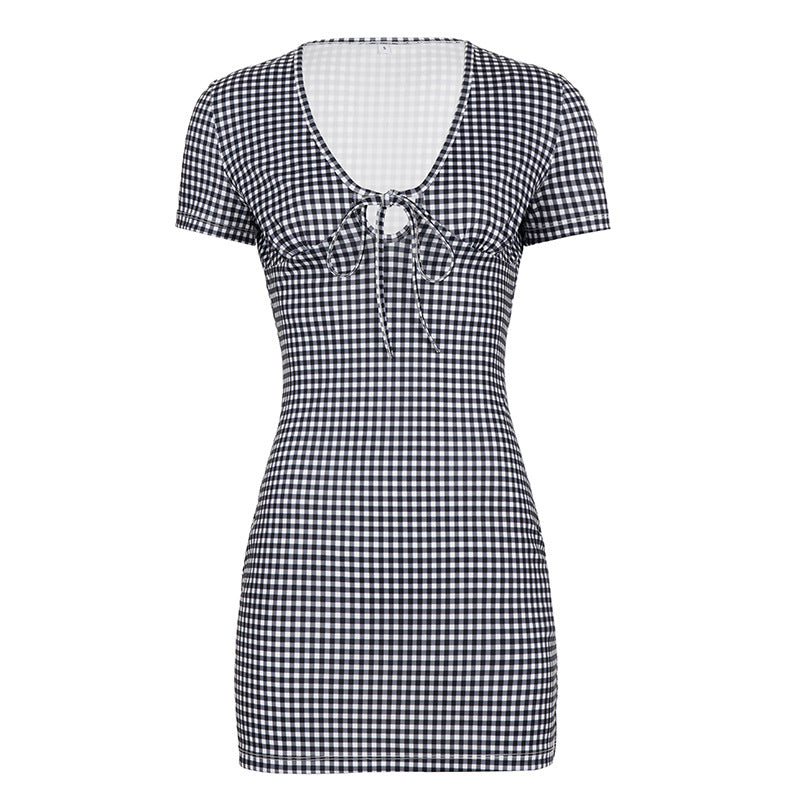Damen Gingham Kleid mit tiefem V-Ausschnitt und Raffung Drune