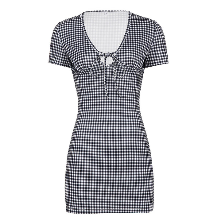 Damen Gingham Kleid mit tiefem V-Ausschnitt und Raffung Drune