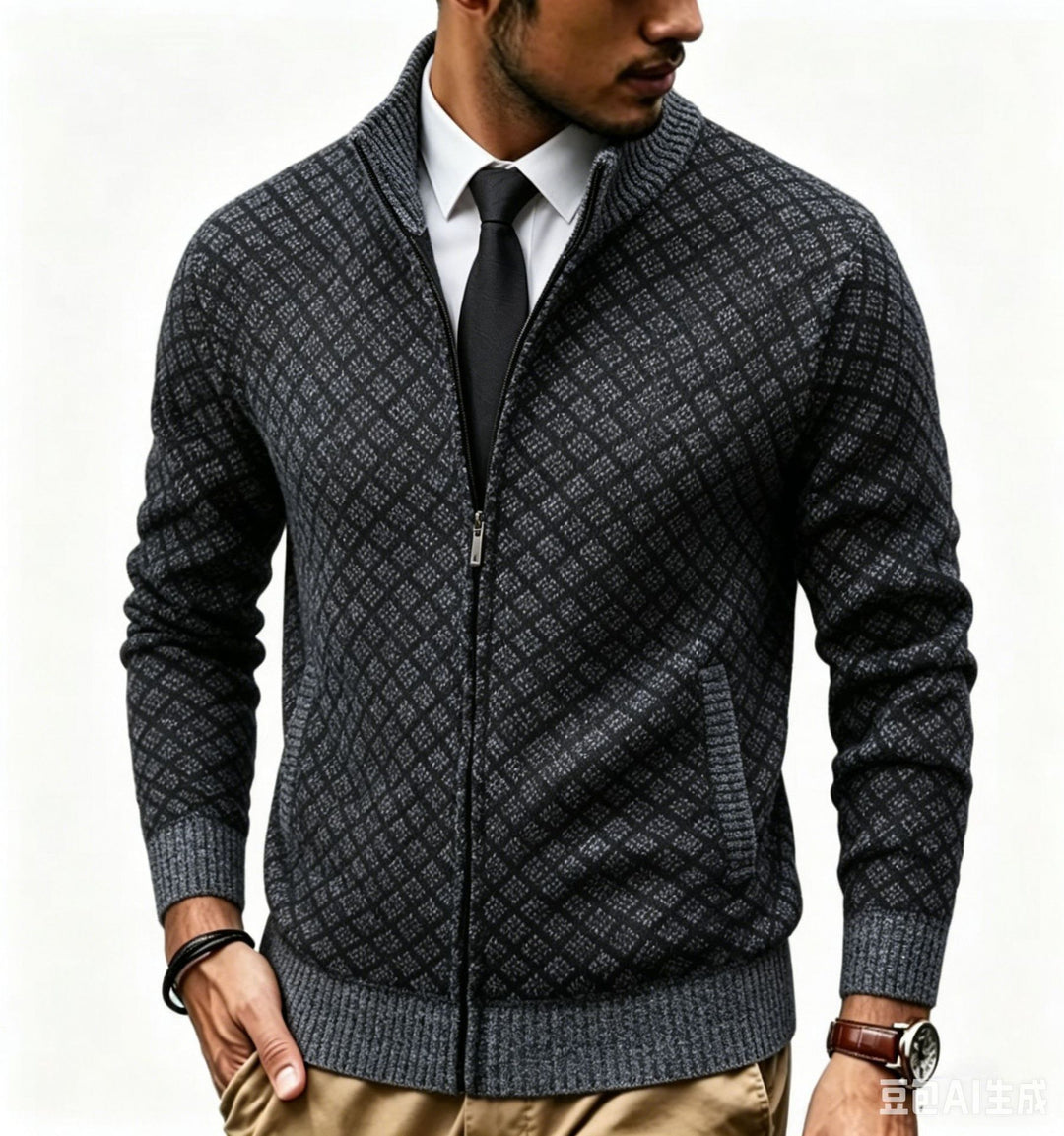 Herren Strukturierte Strickjacke mit Stehkragen und Diamant-Jacquard Drune