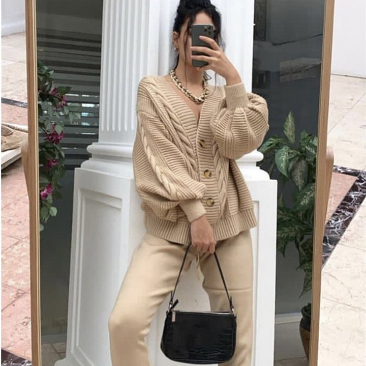 Damen trendige Grobstrickjacke mit vorderen Knöpfen und Rippstruktur Drune