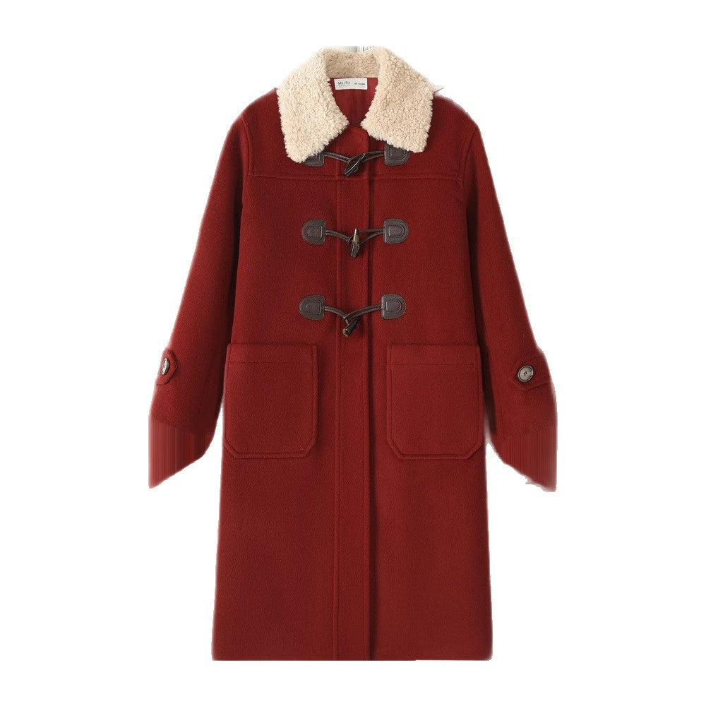 Damen Langer Duffle‑Mantel mit Teddykragen, Knebelverschlüssen und aufgesetzten Taschen Drune