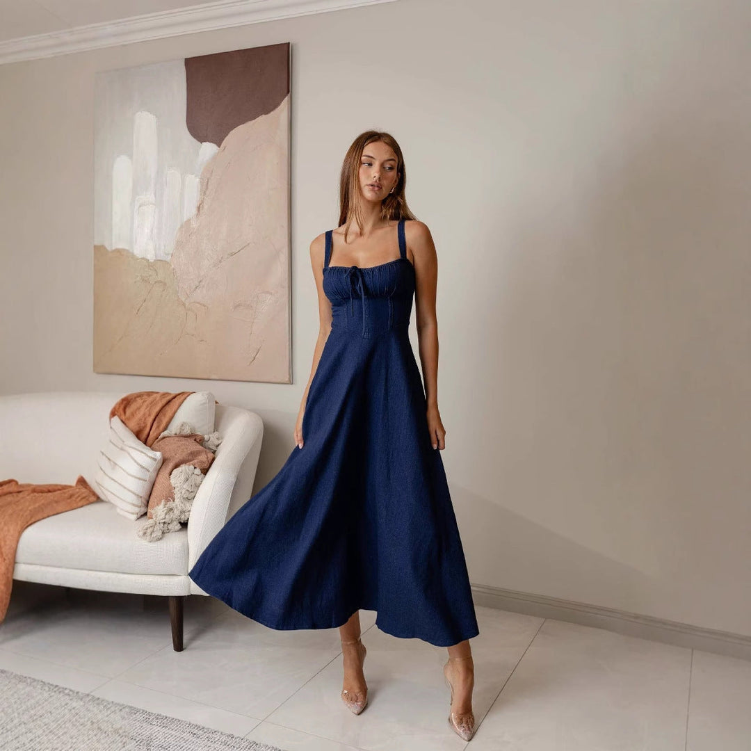 Damen Midikleid mit Bindegürtel und schwingendem Rock Drune