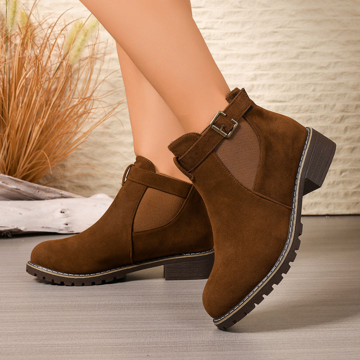 Damen Stiefelette mit Velours-Optik, elastischem Einsatz und Schnallenriemen Drune
