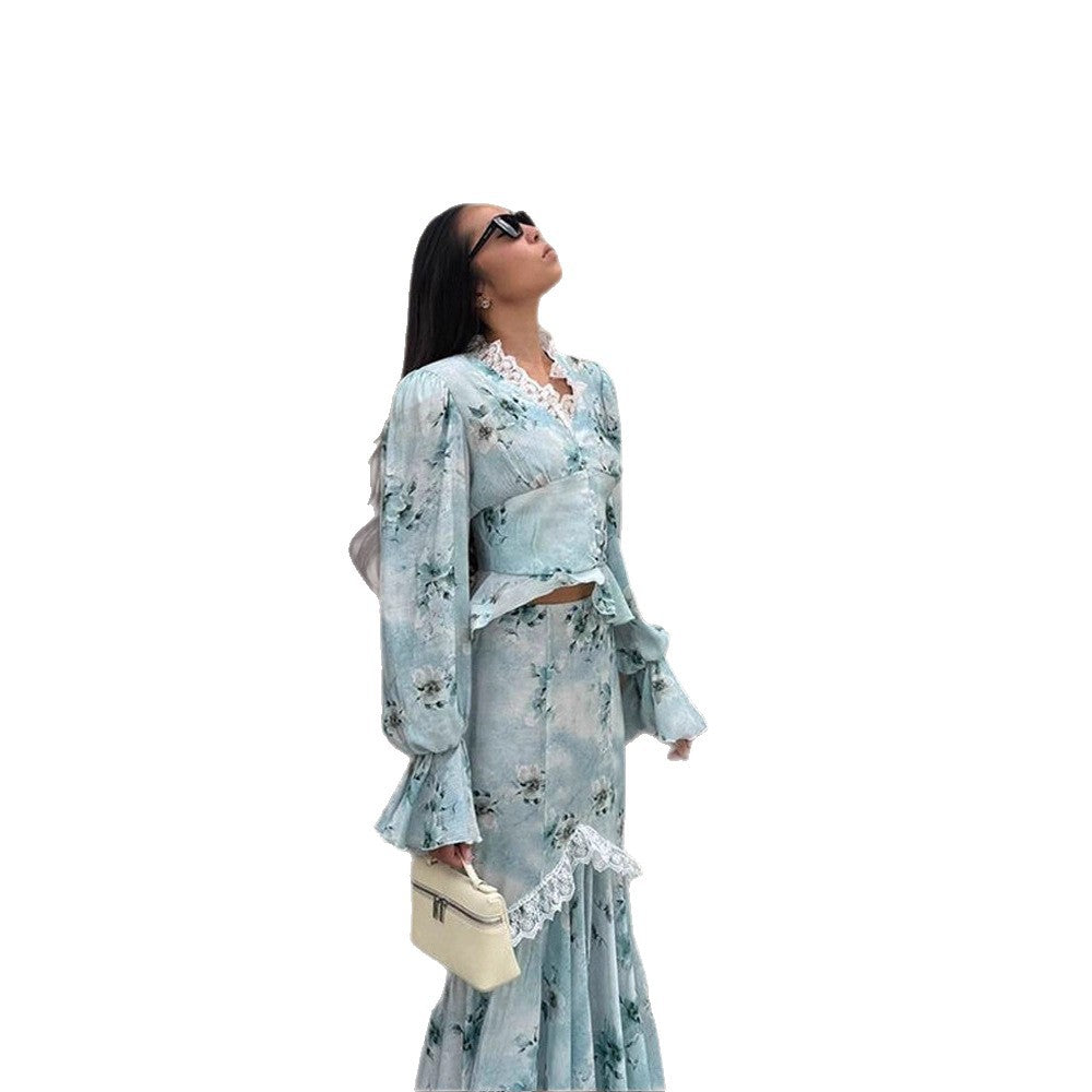 Damen Zweiteiliges Maxikleid-Set mit Korsagenoberteil, Volantärmeln und Spitzenbesatz Drune