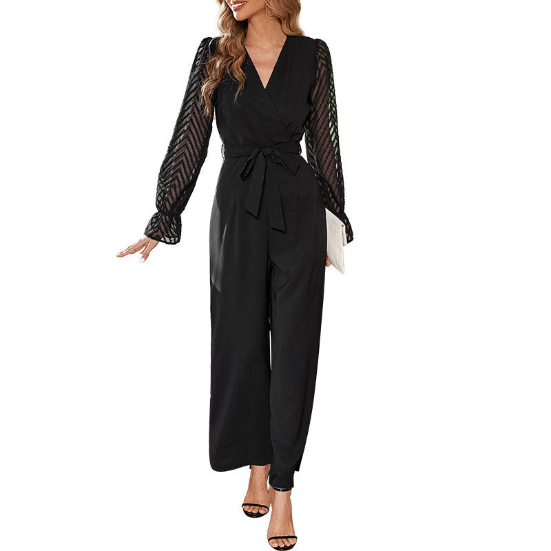 Damen Eleganter Overall mit schulterfreiem Design und transparenten Ärmeln Drune