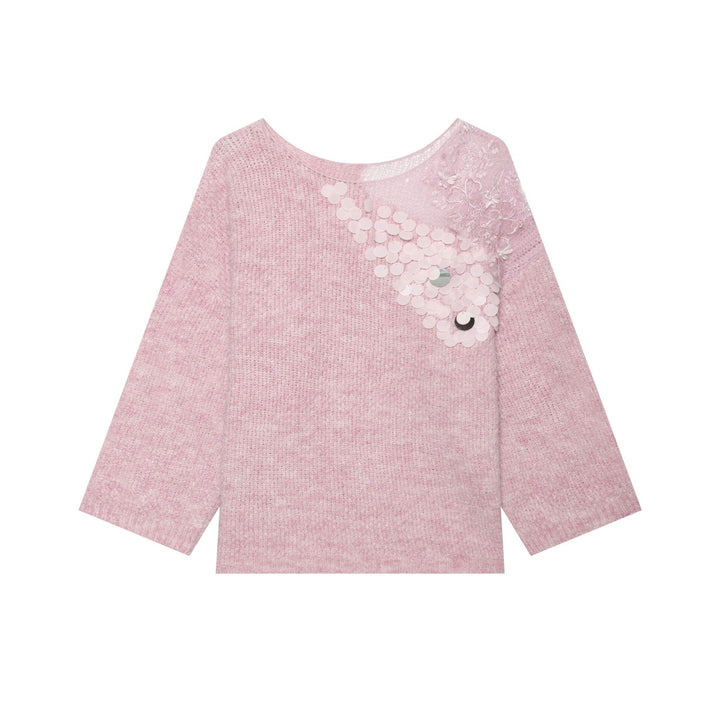 Damen Boxy-Strickpullover mit Pailletten-Applikation und Spitzenbesatz Drune