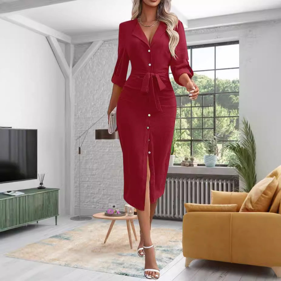 Damen Knielanges Hemdblusenkleid mit Taillengürtel Drune