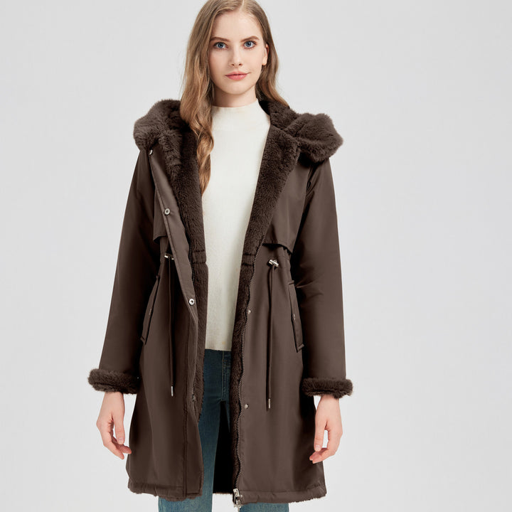Damen Eleganter und warmer Parka mit abnehmbarem Kunstfellkragen und praktischen Schnürdetails Drune