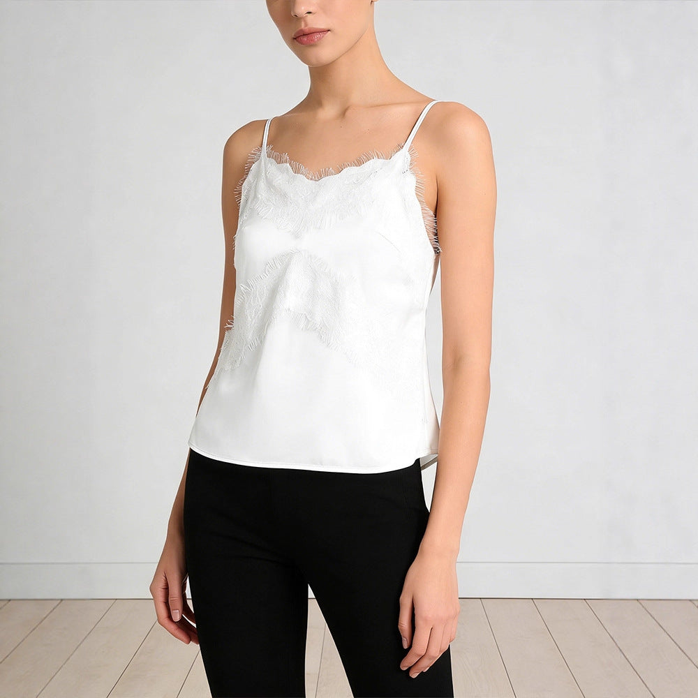 Damen zarte Spaghetti-Top mit raffiniertem Spitzenbesatz Drune