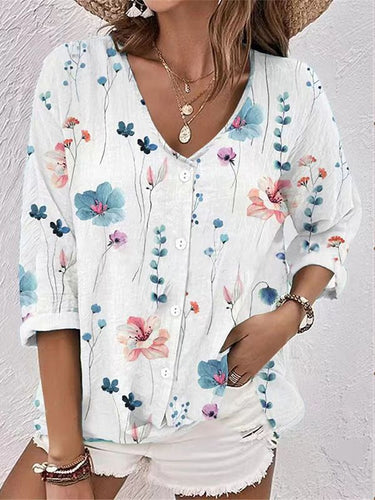 Damen Bluse mit floralem Druck und modernem Knopfdesign Drune