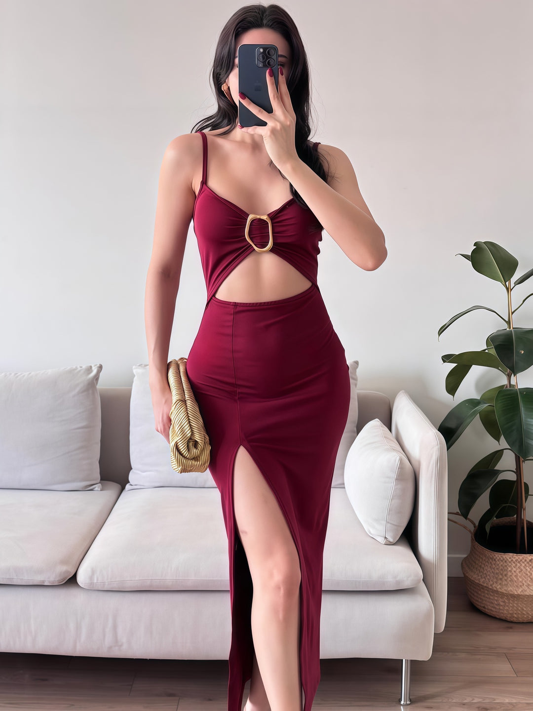Damen Figurbetontes Maxikleid mit Cut-Outs und elegantem Gürtel Drune