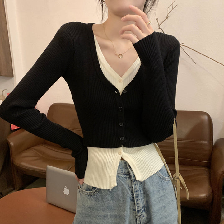 Damen Cropped Cardigan mit feinem Rippmuster und V-Ausschnitt Drune