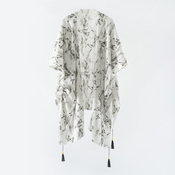 Damen eleganter Kimono mit kunstvollem floralem Muster und fransigen Kanten Drune