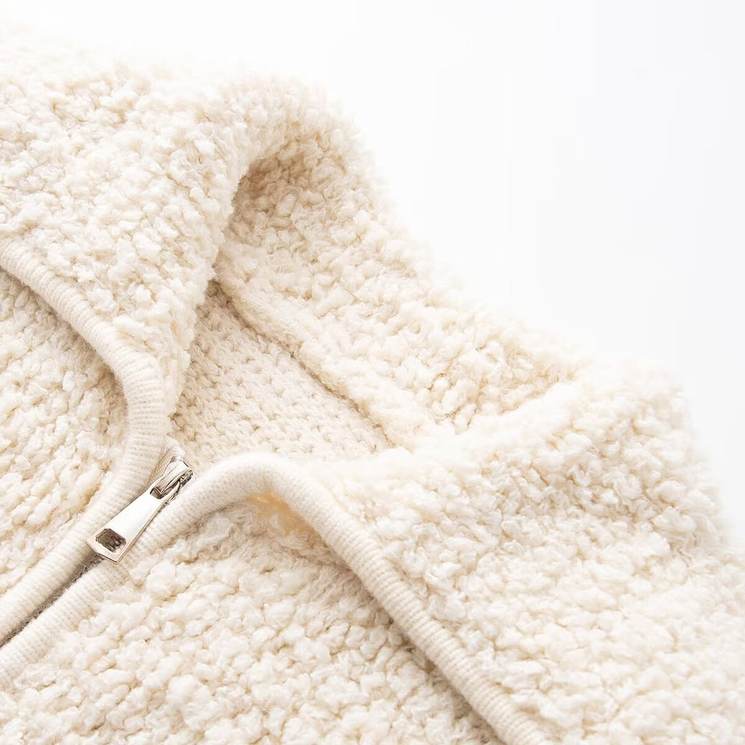 Damen Teddy-Fleece Kurzjacke mit weitem Umlegekragen und durchgehendem Reißverschluss Drune