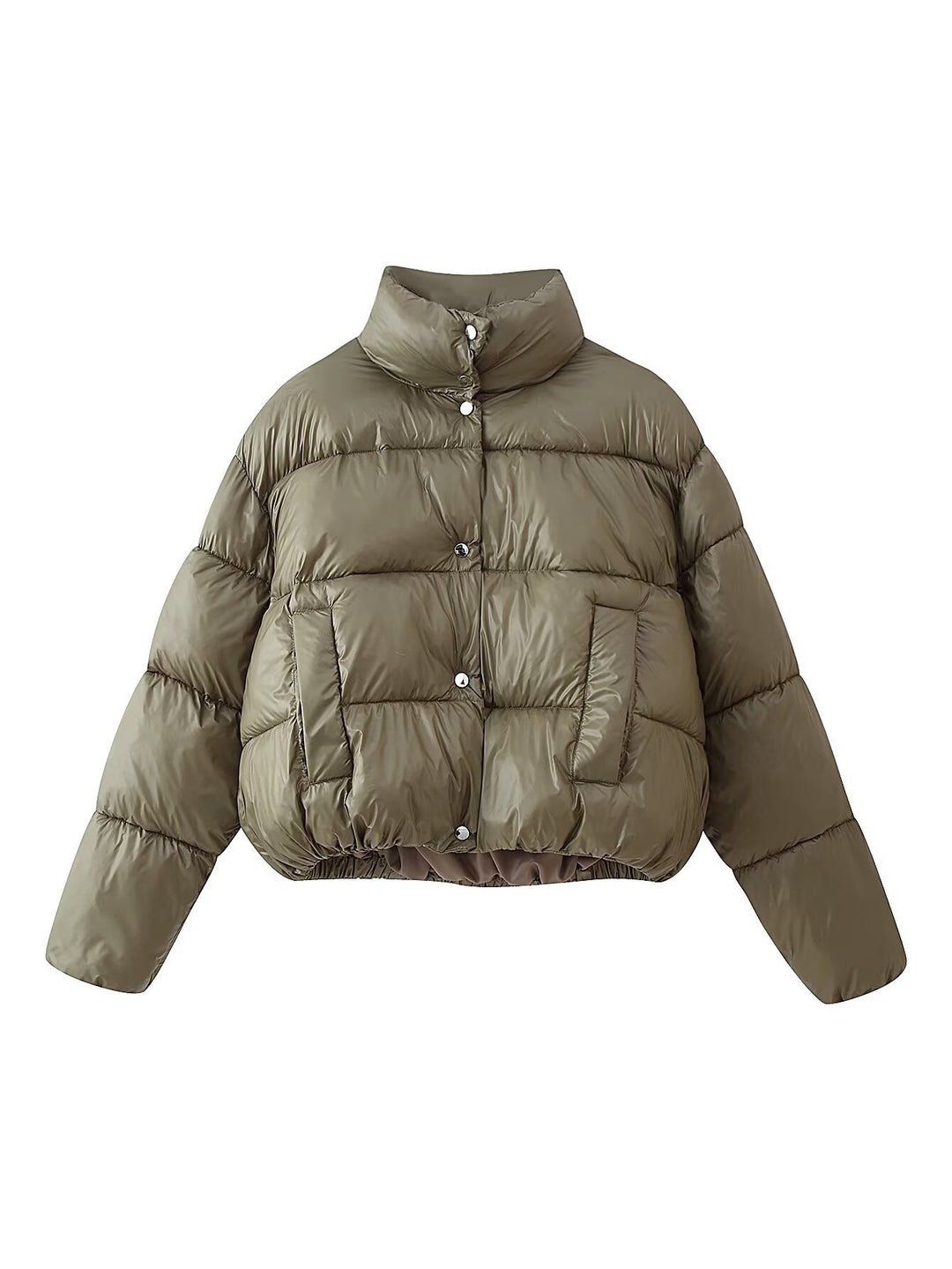 Damen Kurzer wattierter Boxy-Parka mit hohem Stehkragen und Druckknöpfen Drune
