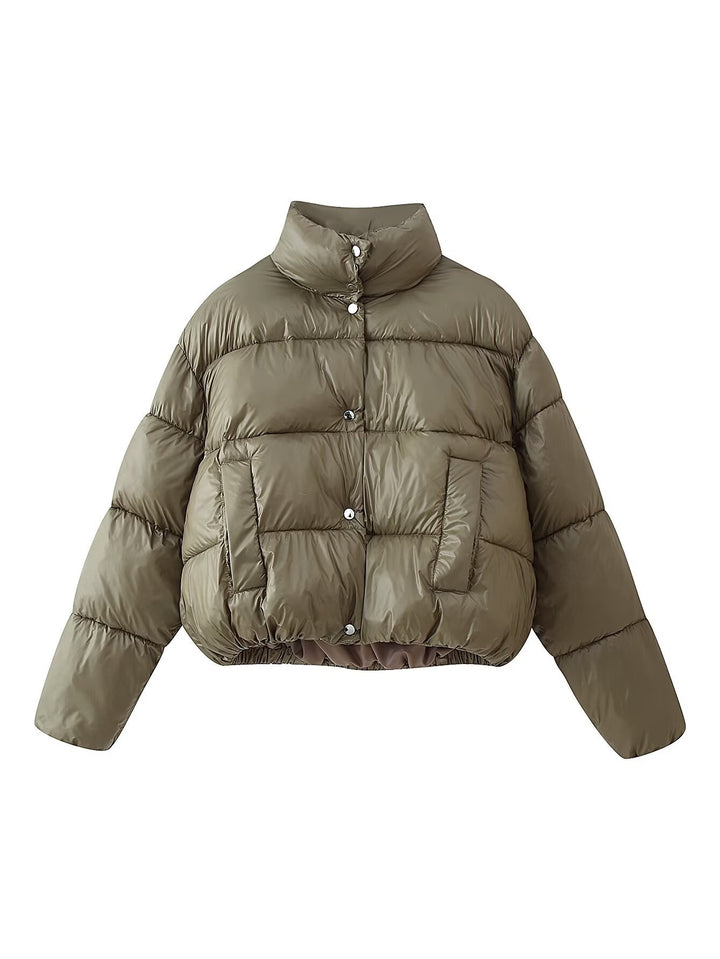 Damen Kurzer wattierter Boxy-Parka mit hohem Stehkragen und Druckknöpfen Drune