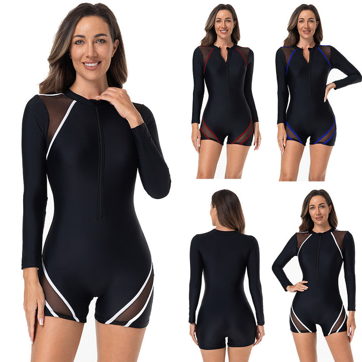 Damen Sportlicher Langarm-Schwimmanzug mit atmungsaktiven Netz Einsätzen Drune