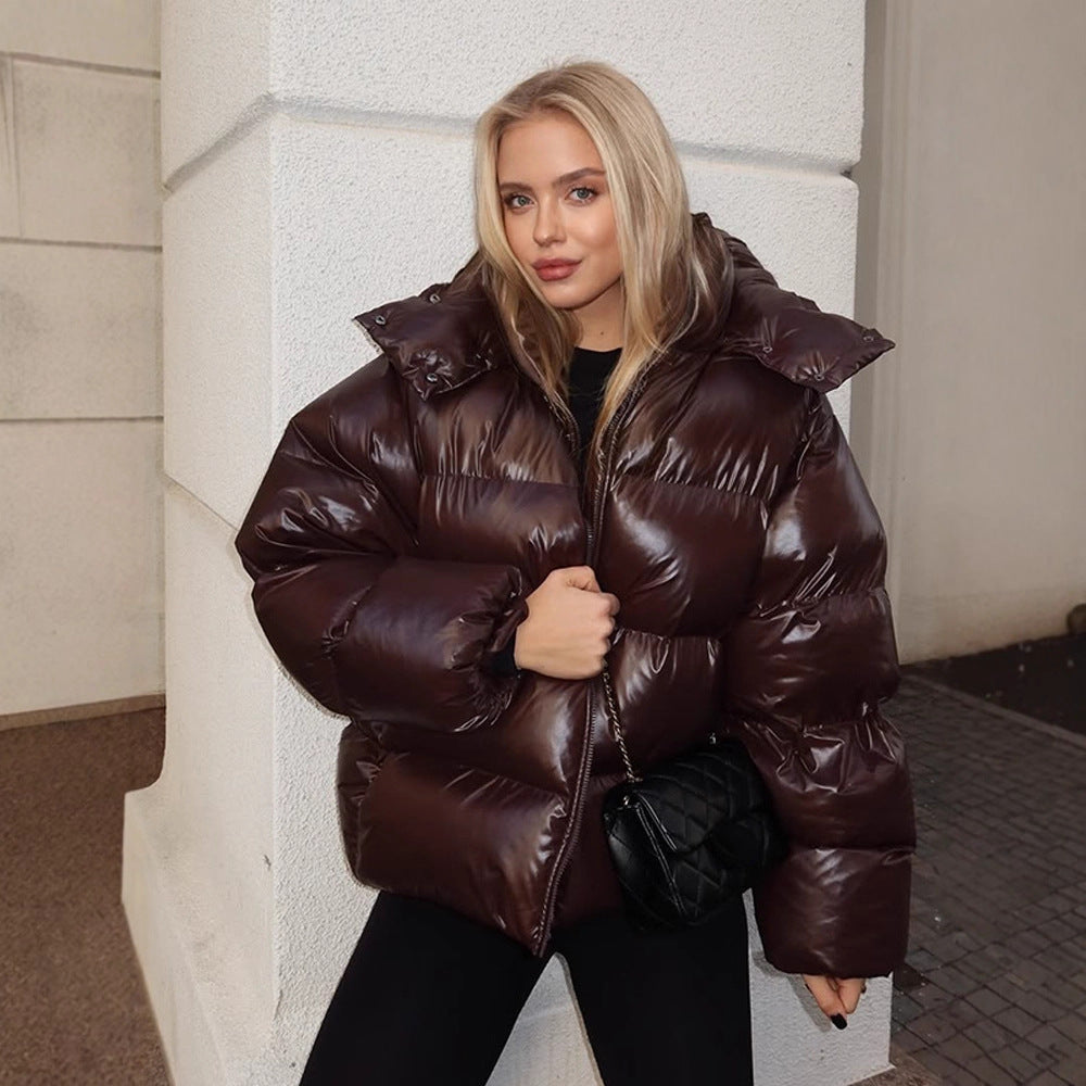 Damen Oversize Steppjacke in Lackoptik mit hohem Kragen und wattierter Fütterung Drune