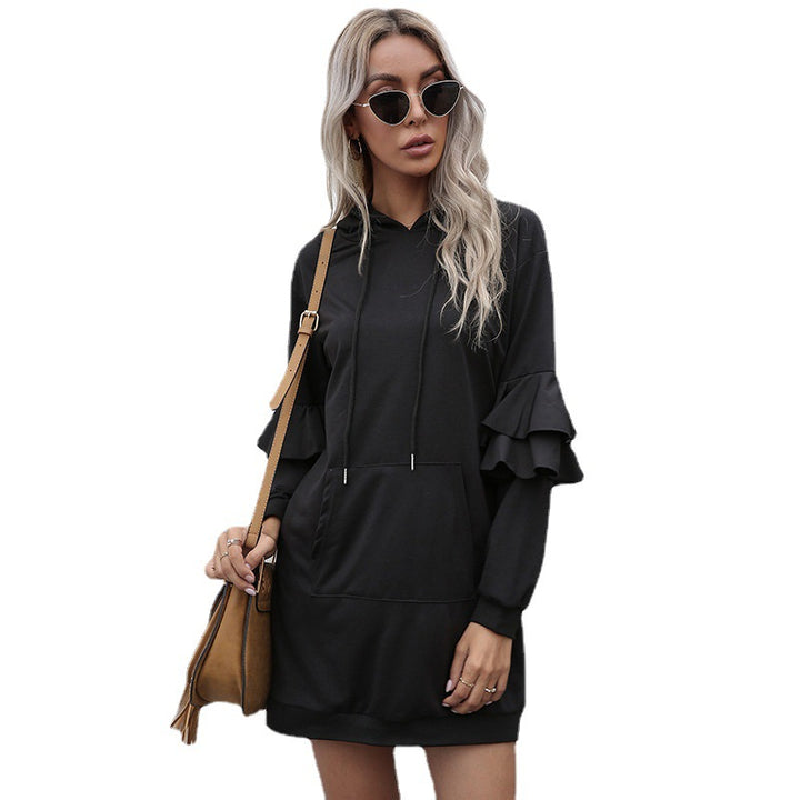 Damen Oversize-Kapuzenkleid mit zweistufigen Volantärmeln und Eingrifftasche Drune