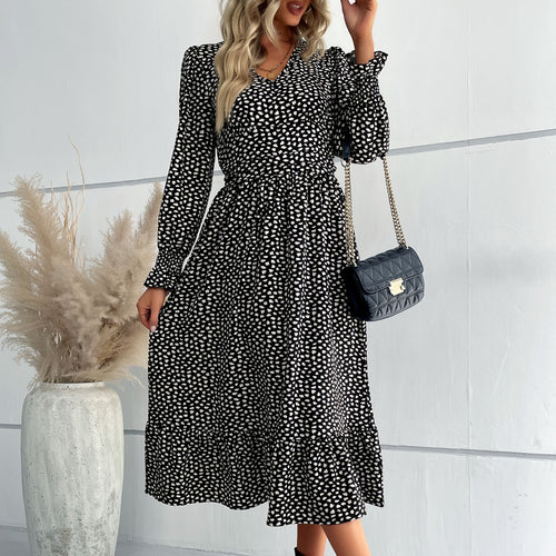 Damen Midikleid mit V-Ausschnitt, geraffter Taille und langen Smokärmeln Drune