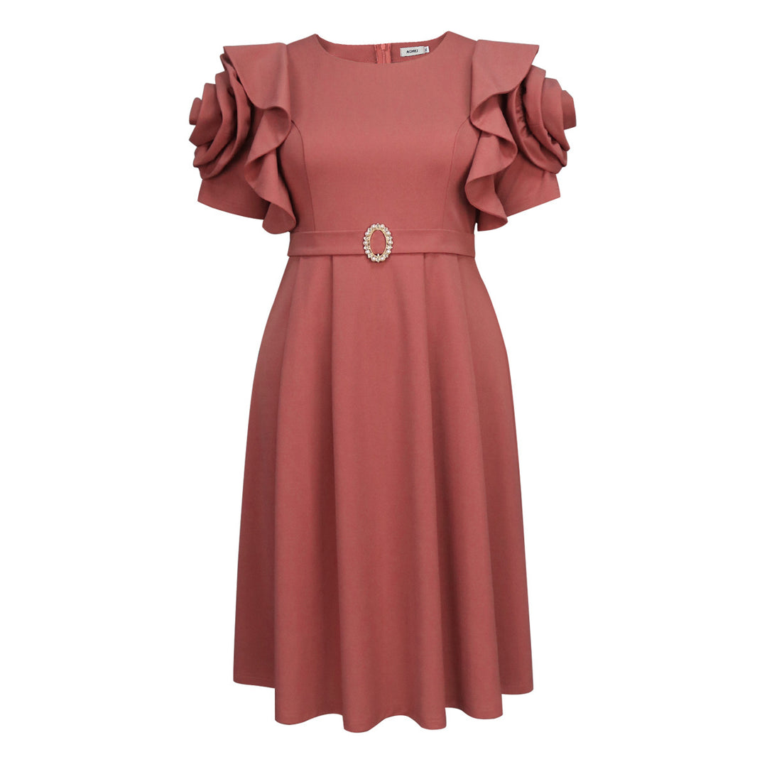 Damen Elegantes Midi-Kleid mit voluminösen Rüschenärmeln und funkelndem Schmuckdetail Drune