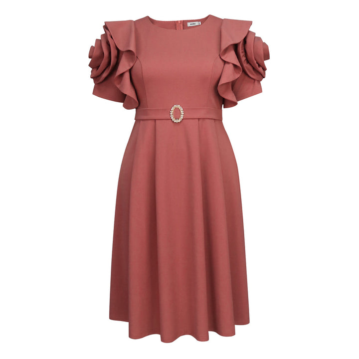 Damen Elegantes Midi-Kleid mit voluminösen Rüschenärmeln und funkelndem Schmuckdetail Drune
