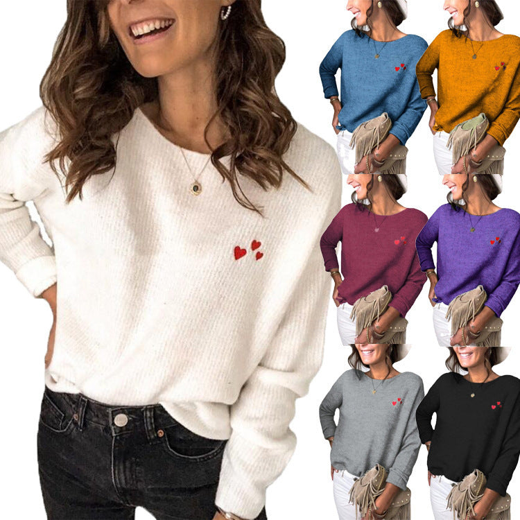 Damen Oversize Strickpullover mit Herz-Stickerei und weitem Boot-Ausschnitt Drune