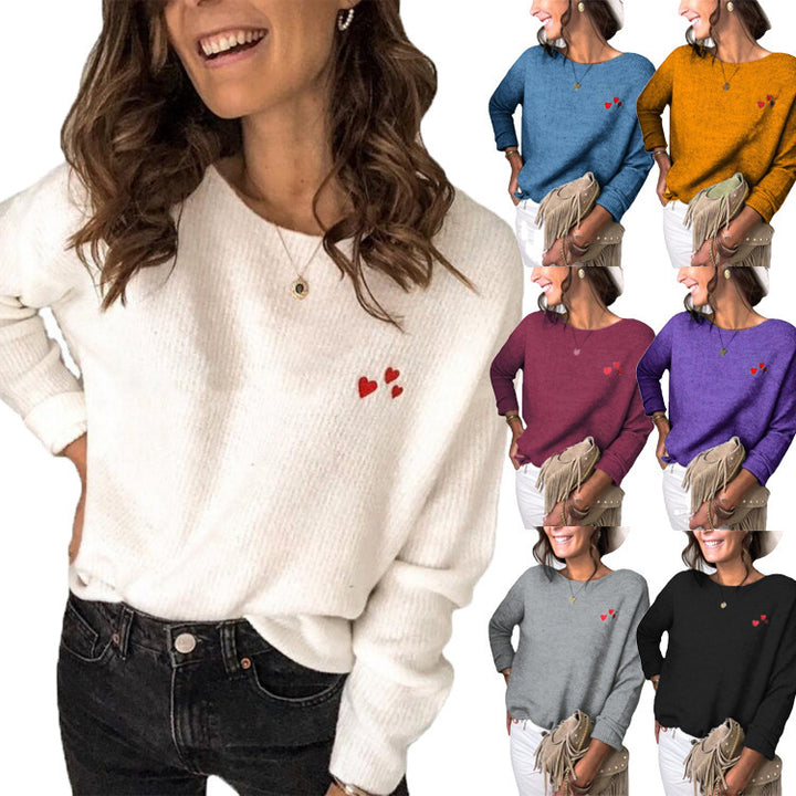 Damen Oversize Strickpullover mit Herz-Stickerei und weitem Boot-Ausschnitt Drune