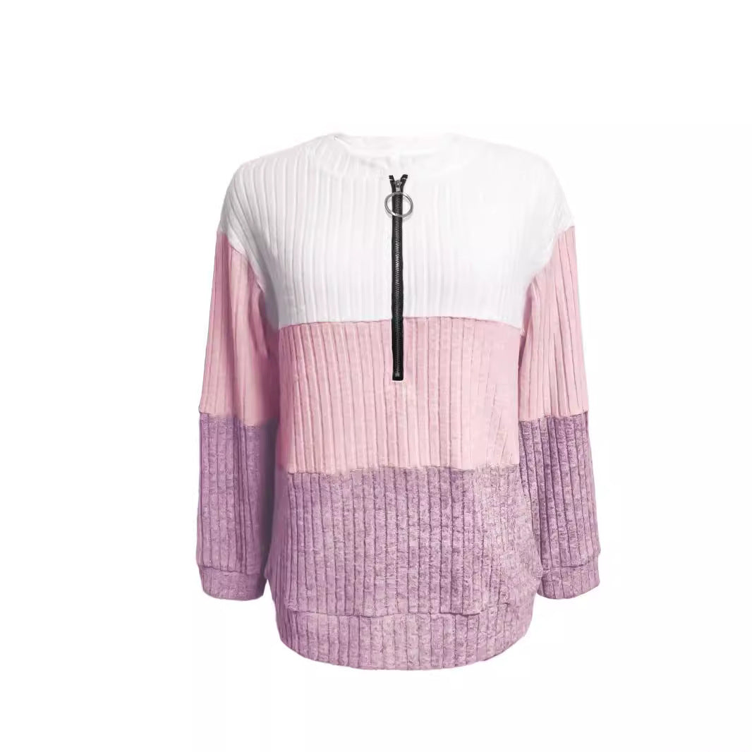 Damen nan gerippter Longpullover mit Ringreißverschluss und Colorblock-Struktur Drune