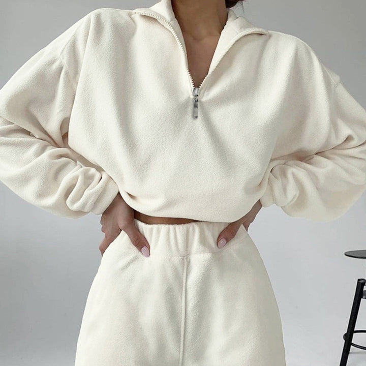 Damen kurz geschnittenes Samt-Lounge-Set mit tailliertem Zip-Hoodie und fließender Highwaist-Palazzohose Drune