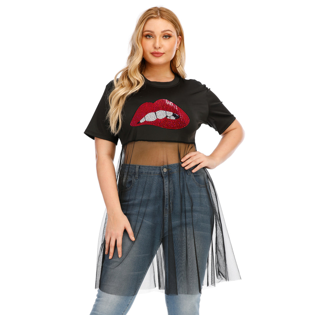 Damen modisches Crop-Top mit transparentem Überwurf und Glitzerbesatz Drune