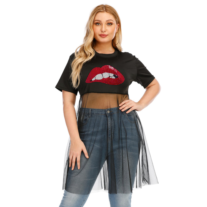 Damen modisches Crop-Top mit transparentem Überwurf und Glitzerbesatz Drune