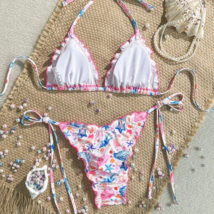 Damen fröhlicher Blumenmuster-Bikini mit Rüschen Drune