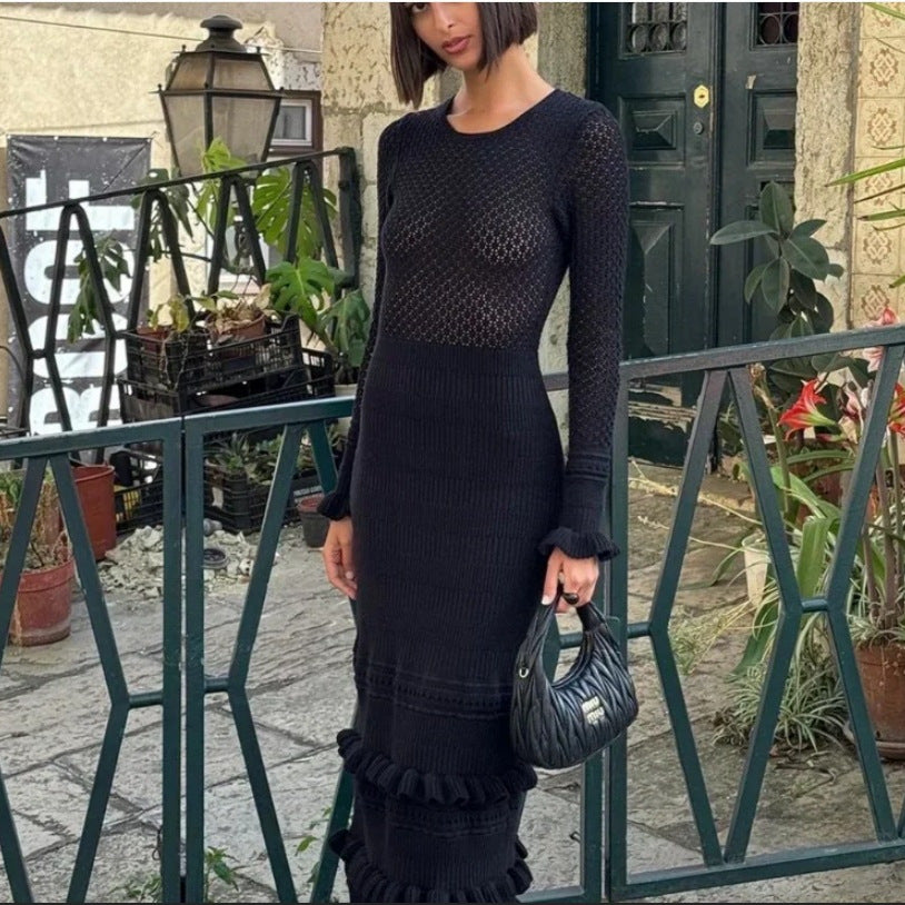 Damen Strickmaxikleid mit raffiniertem Lochmuster und kontrastierendem Streifen Drune
