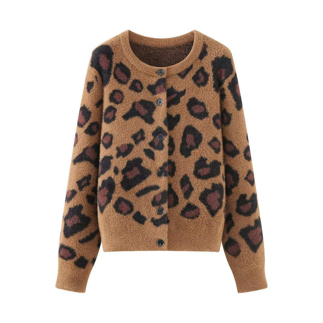 Damen Flauschige Strickjacke im Leo‑Print mit Rundhalsausschnitt und Knopfleiste Drune