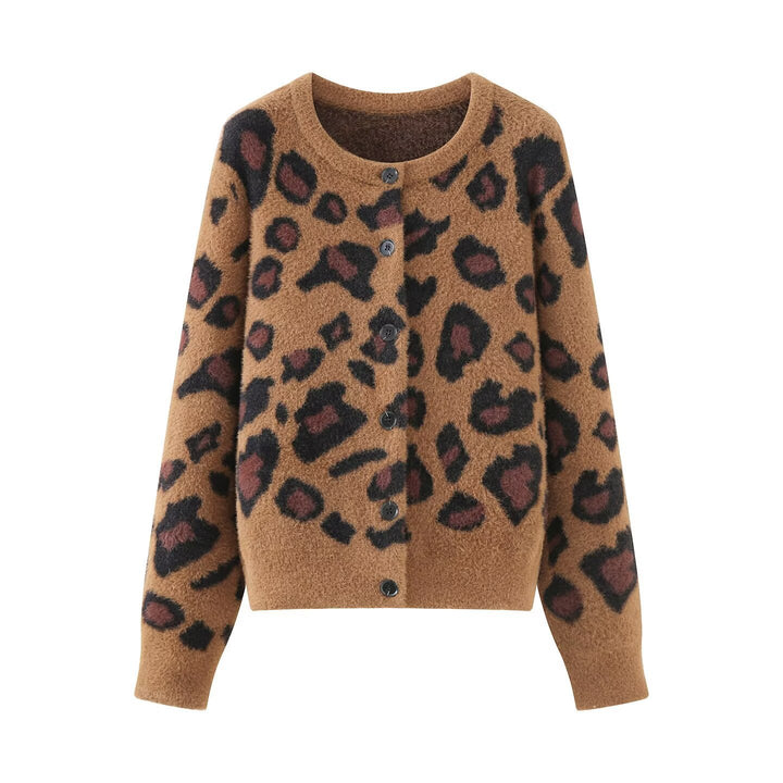 Damen Flauschige Strickjacke im Leo‑Print mit Rundhalsausschnitt und Knopfleiste Drune