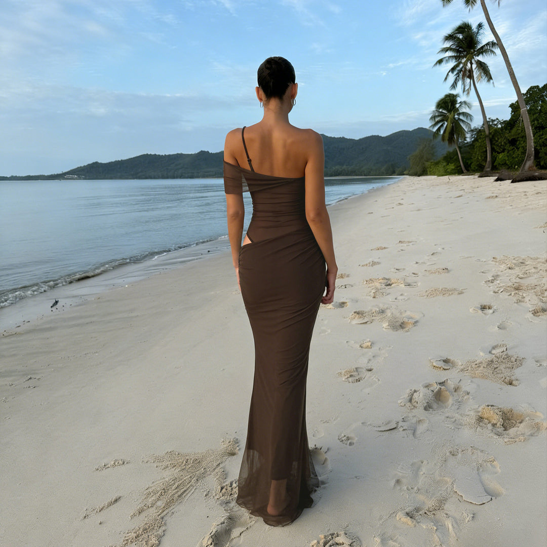 Damen elegantes Abendkleid mit raffinierten Rüschendetails und transparenten Einsätzen Drune