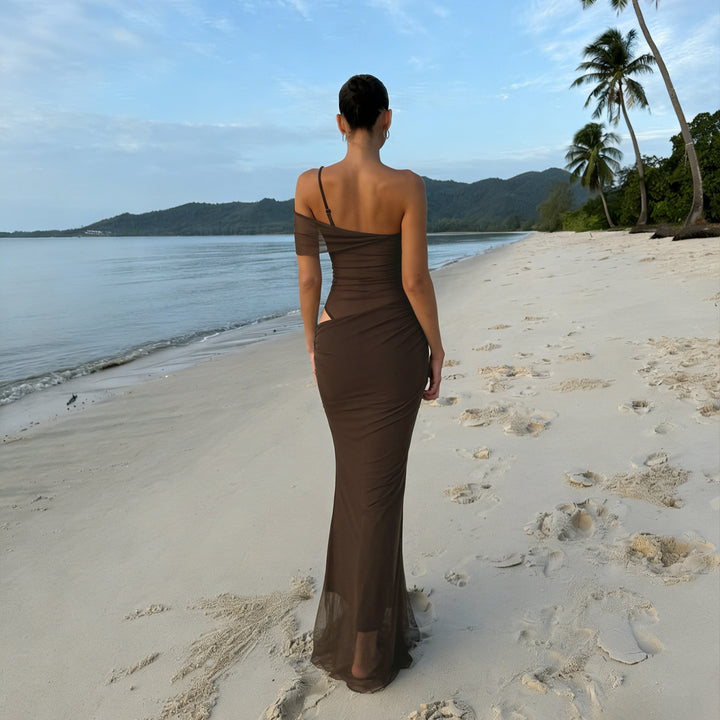 Damen elegantes Abendkleid mit raffinierten Rüschendetails und transparenten Einsätzen Drune