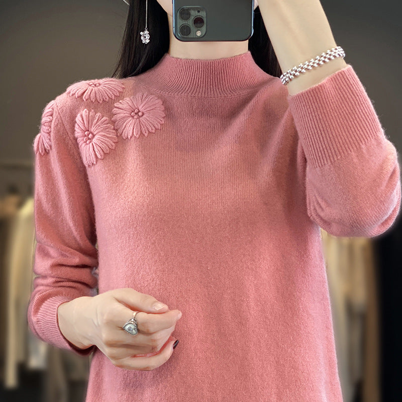 Damen Weicher Feinstrickpullover mit kurzem Stehkragen, 3D‑Blütenapplikation und gerippten Bündchen Drune