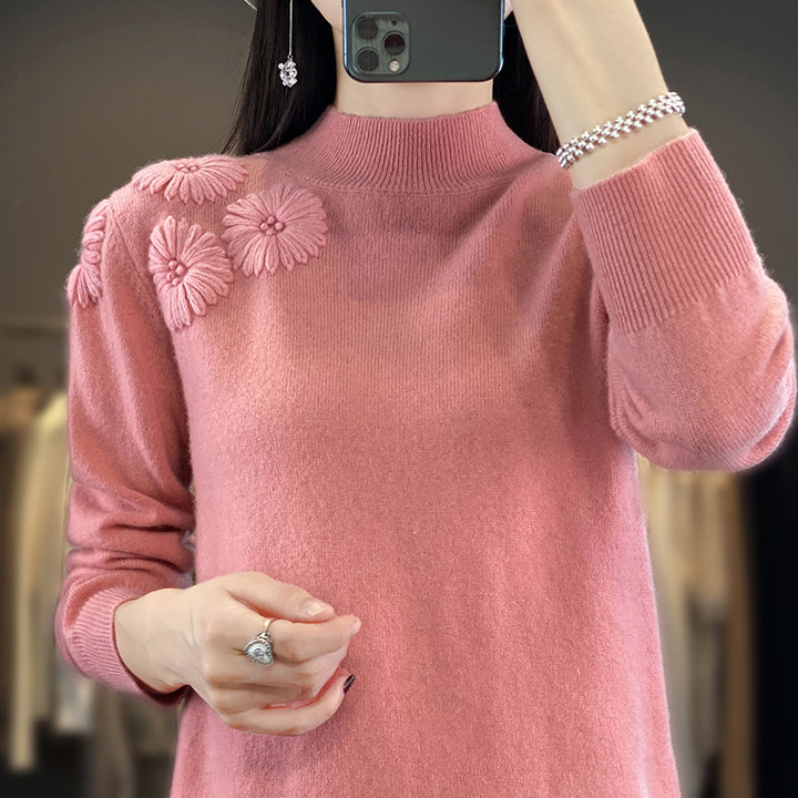Damen Weicher Feinstrickpullover mit kurzem Stehkragen, 3D‑Blütenapplikation und gerippten Bündchen Drune