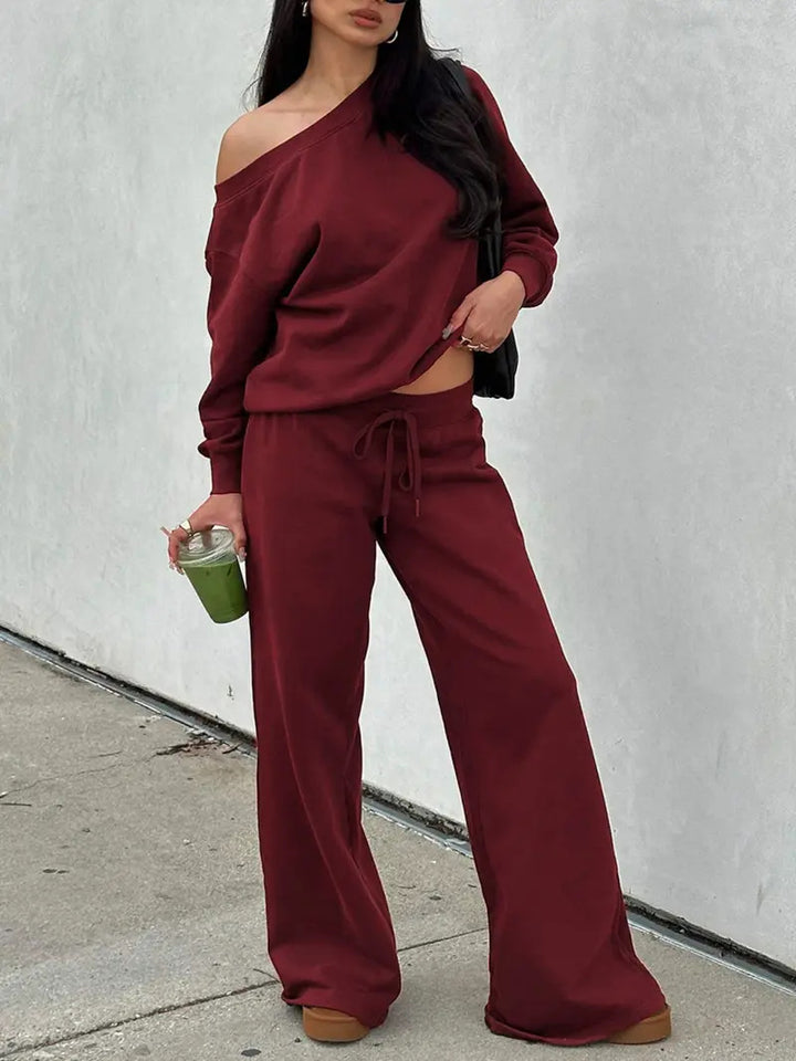 Damen Lässiges Off-Shoulder Lounge-Set aus French-Terry mit weitem Bein und Kordelzug Drune